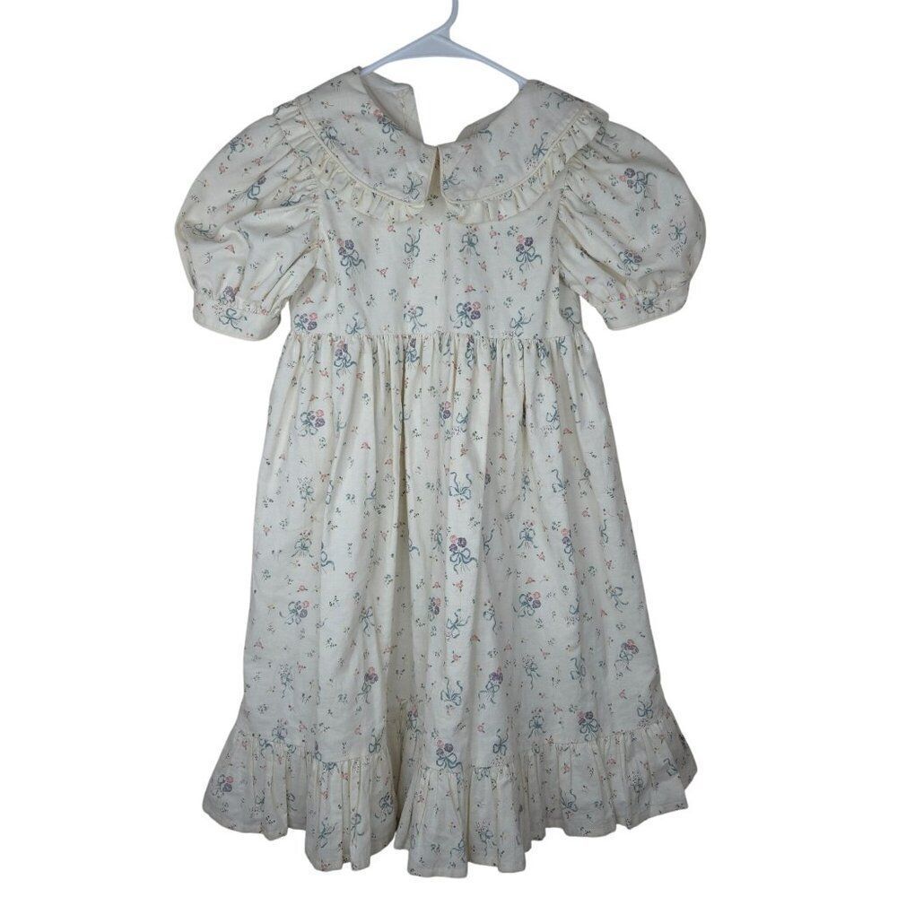 Vintage 90s Daisy Kingdom Dress Girls Size 8 Modest Floral Ribbons Puff Sleeves